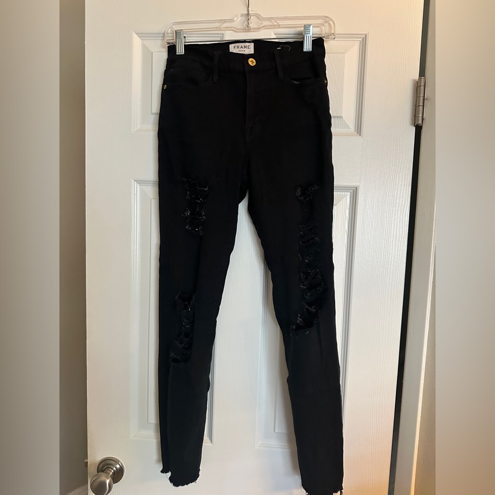 Frame Denim Black Distressed Skinny Jeans